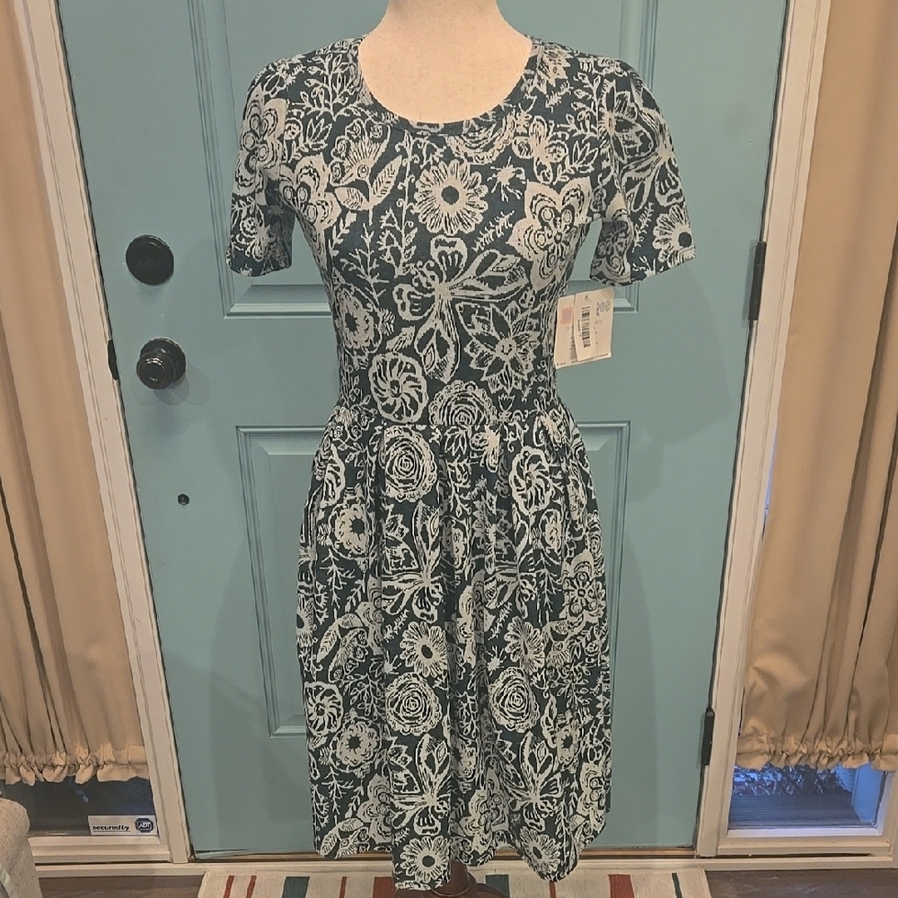 LuLaRoe Green and White A-Line Knee-Length Dress with Flutter Sleeves